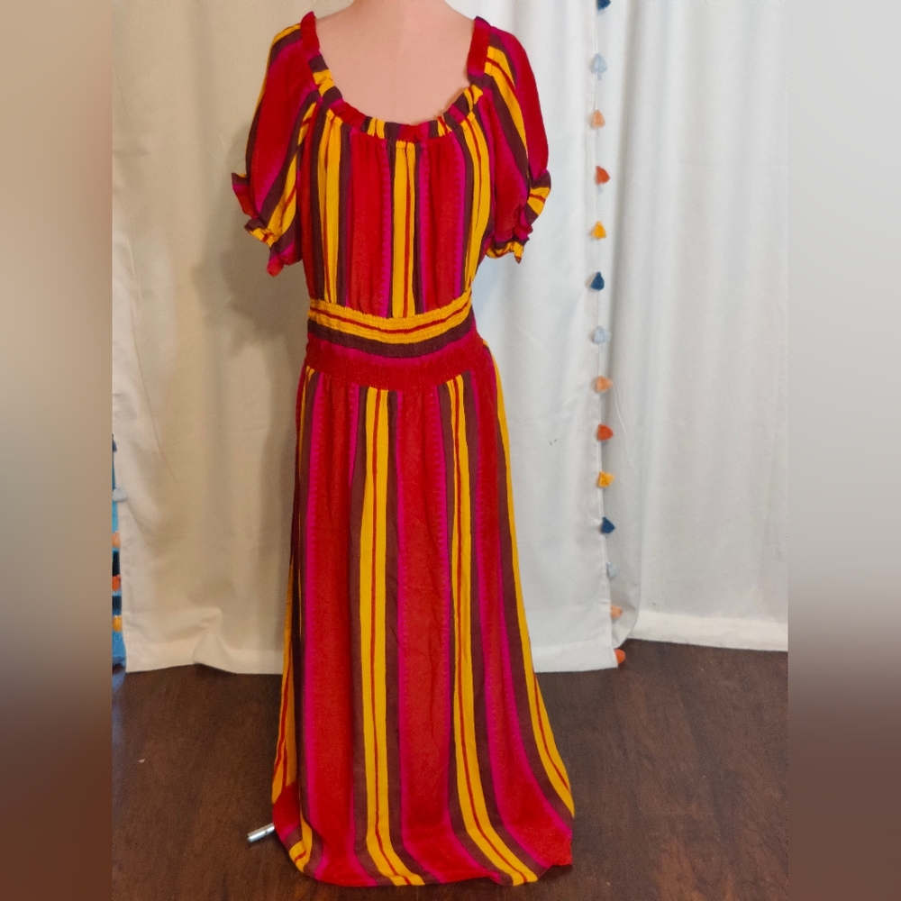 Anupamaa Tesi anthro Autumn Silk Maxi Dress on/off shoulder Fall Colors Chic  XL